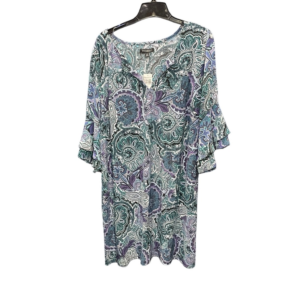 Roz & Ali White Teal‎ Navy Blue Paisley Pattern 3/4 length sleeve V neck Dress